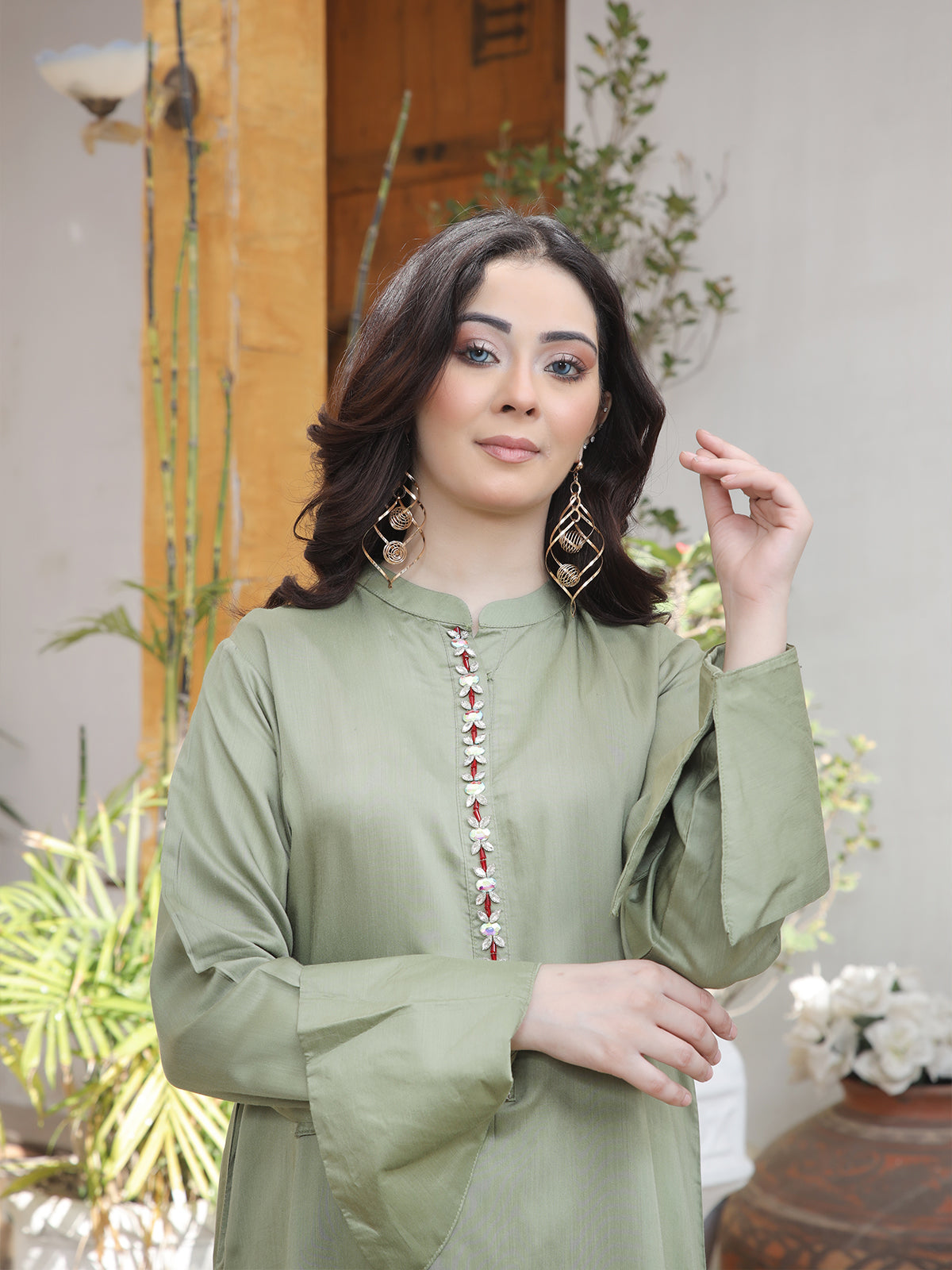 VISOUSE Embellished Sleeves and Neck Long Shirt in Luxurious Visouse Material LTL 7862380