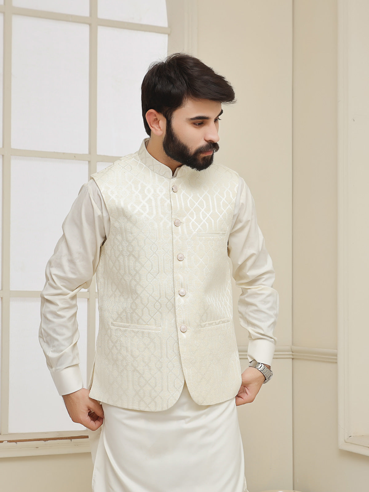 Sophistication Defined: Off White Jamawar Waistcoat for Men