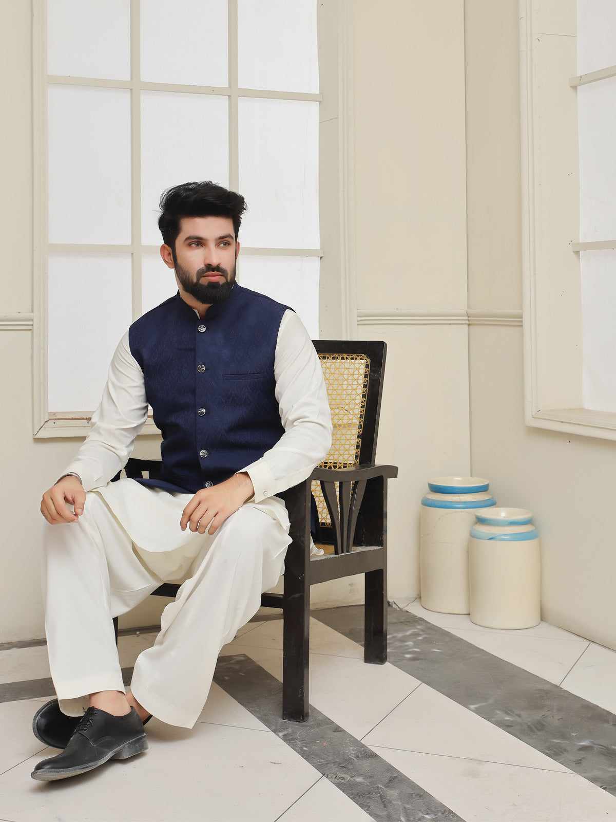Style Upgrade: Blue Jamawar Waistcoat for Men's Wardrobe