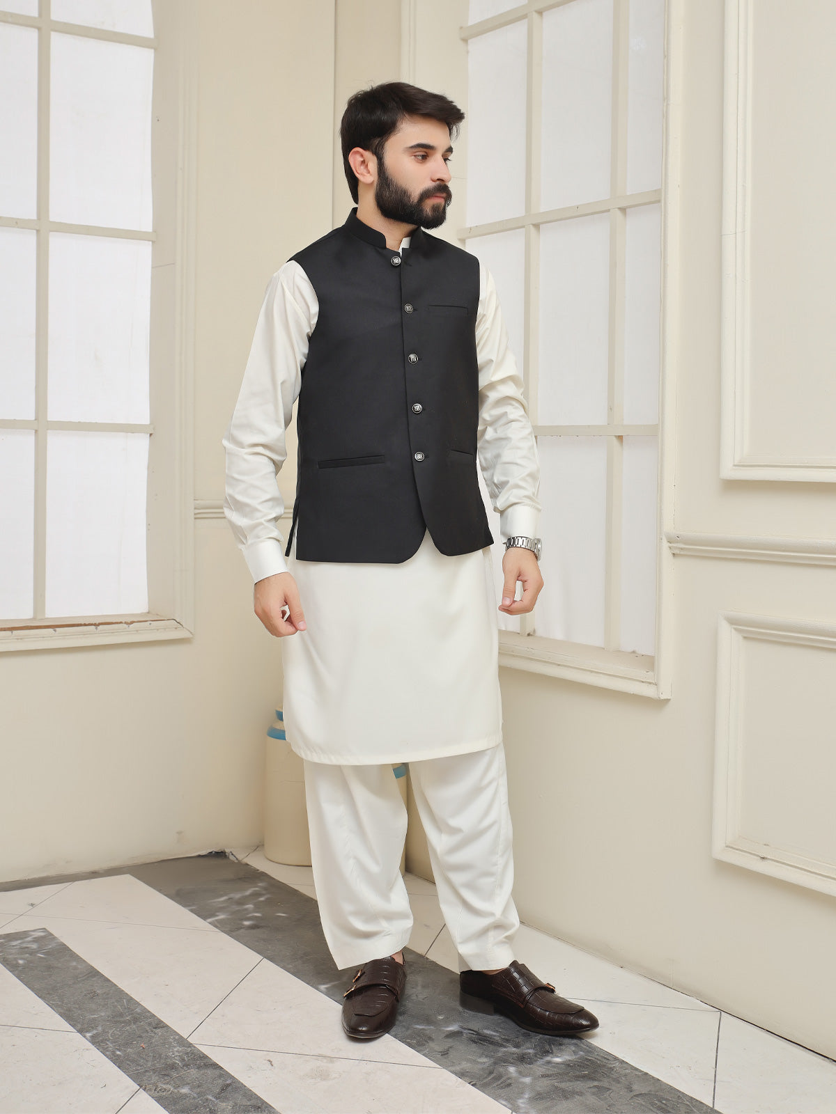 Black jamawar clearance waistcoat