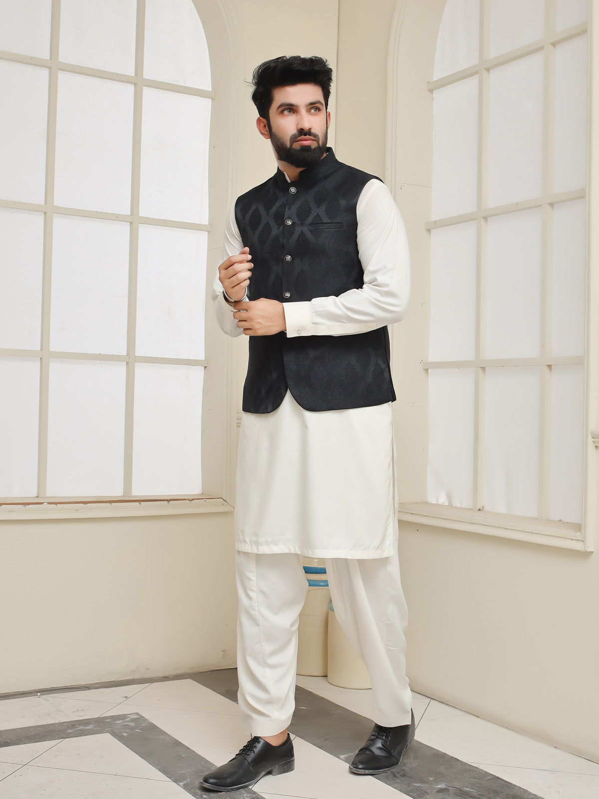 Black Jamawar Waistcoat for Men at Heeli