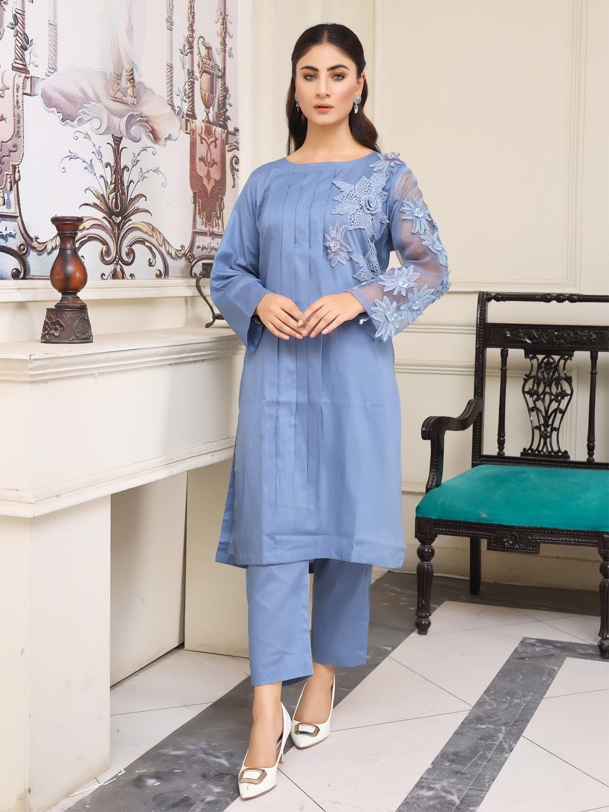 Cotton, patches, organza sky blue 2-piece suit- LTL 7862227
