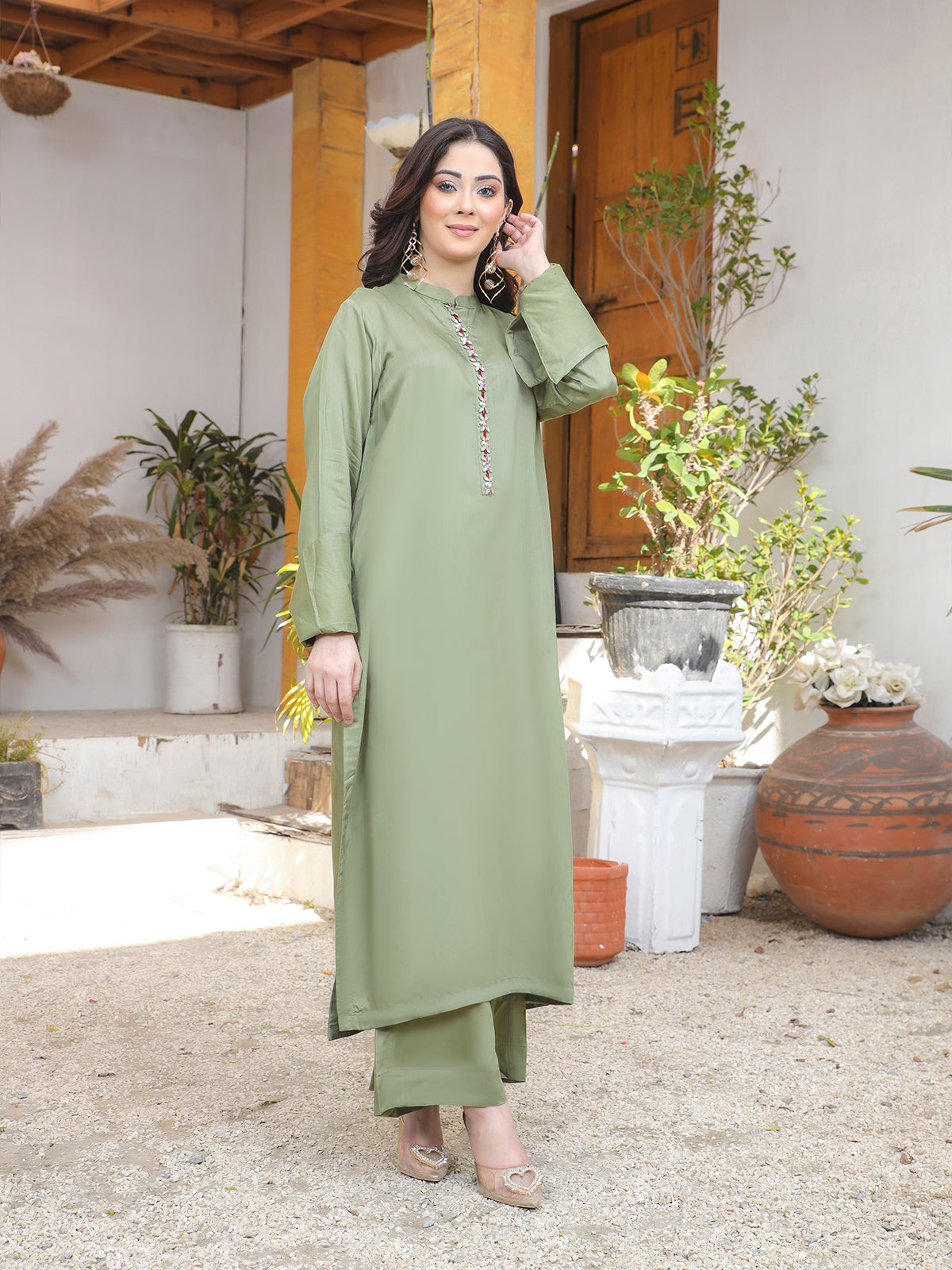 VISOUSE Embellished Sleeves and Neck Long Shirt in Luxurious Visouse Material LTL 7862380