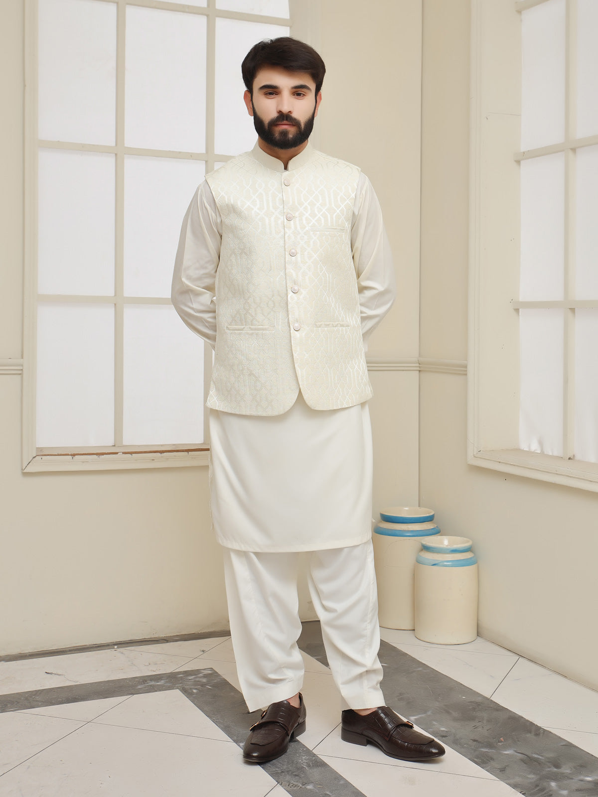 Sophistication Defined: Off White Jamawar Waistcoat for Men