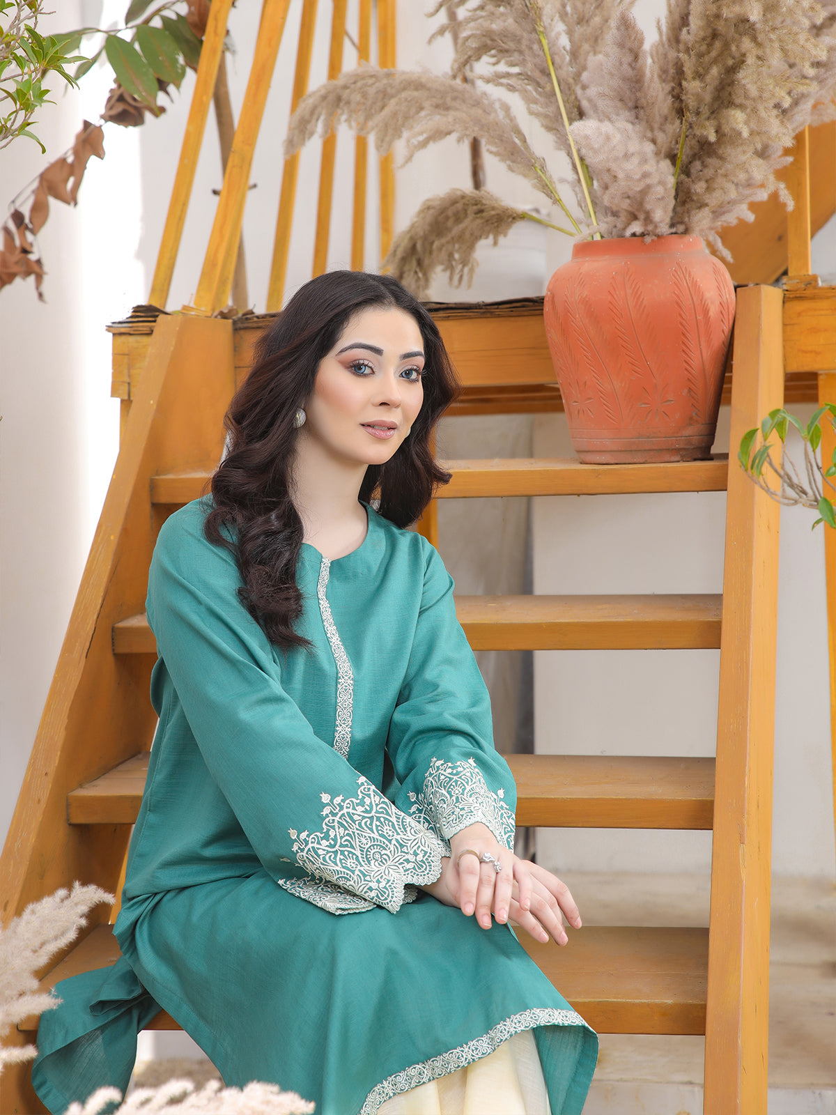 Green KHADAR KURTA WITH DEATILED EMBRIODRRY WORK ON SLEEVES AND NECK LTL 7862368