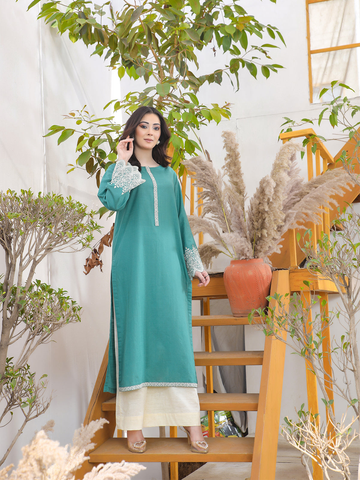 Green KHADAR KURTA WITH DEATILED EMBRIODRRY WORK ON SLEEVES AND NECK LTL 7862368