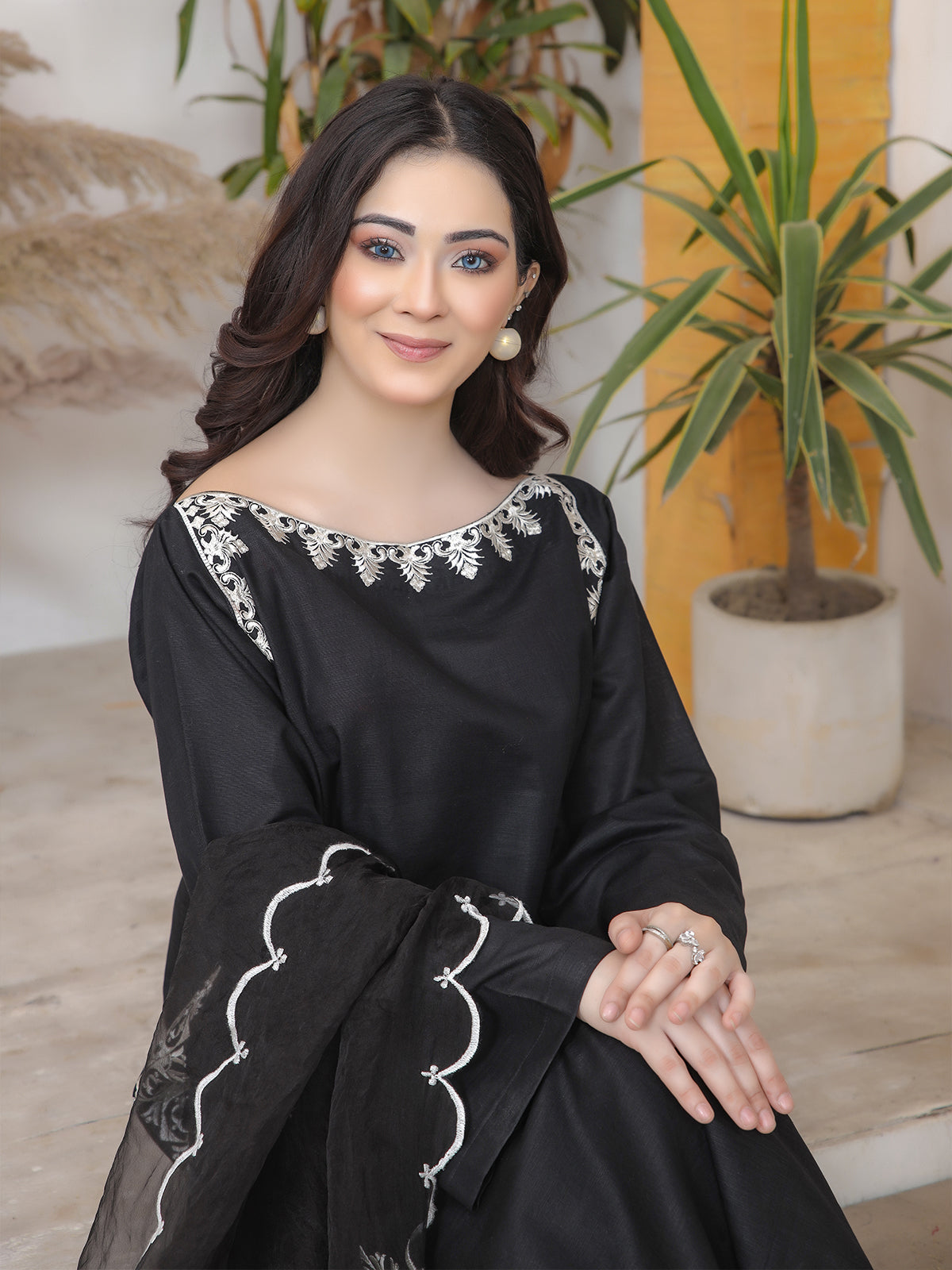 KHADAR 2 Piece Long Black shirt with elegant details  of neck and  sleeve  LTL 7862372