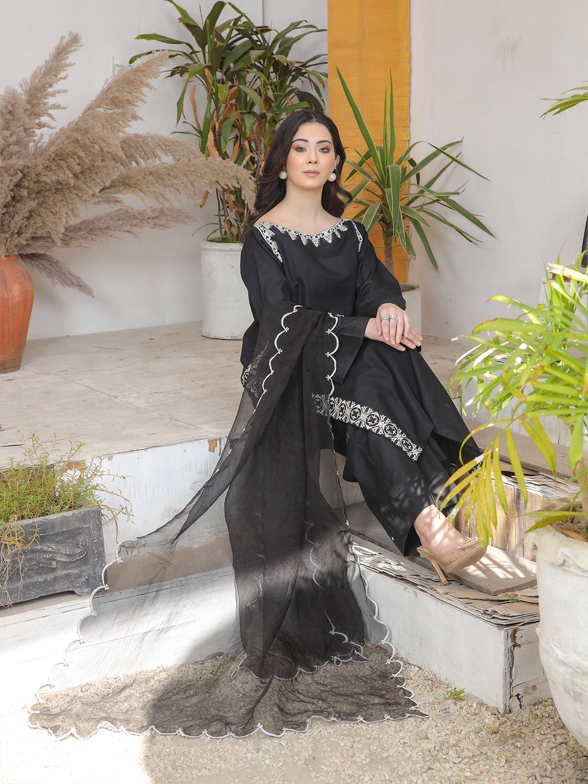 KHADAR 2 Piece Long Black shirt with elegant details  of neck and  sleeve  LTL 7862372